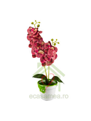 Orhidee artificiala rosu-galben ghiveci plastic alb